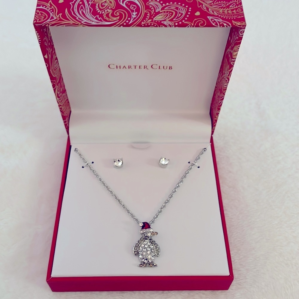176. Charter Club Rhinestone Penguin Pendant necklace/stud earrings gift set